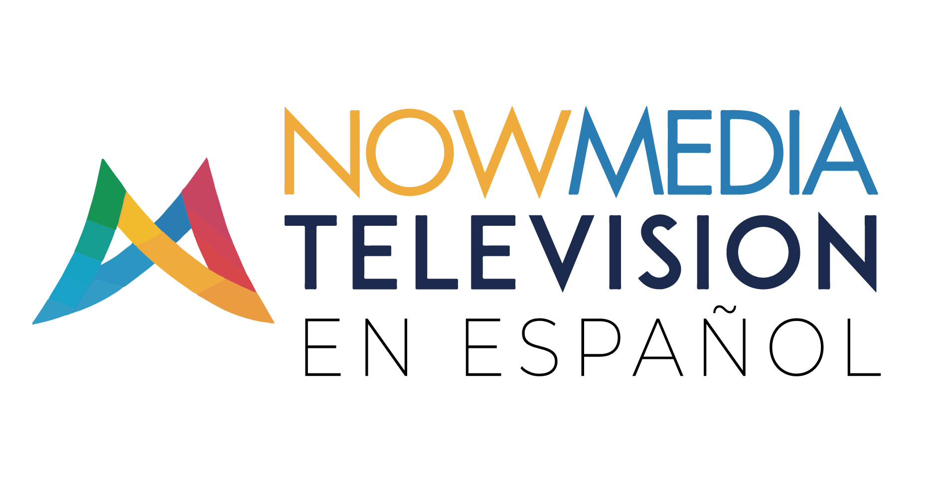 Logo for NowMedia Television in Spanish, featuring a colorful abstract mountain icon and text in multiple colors.