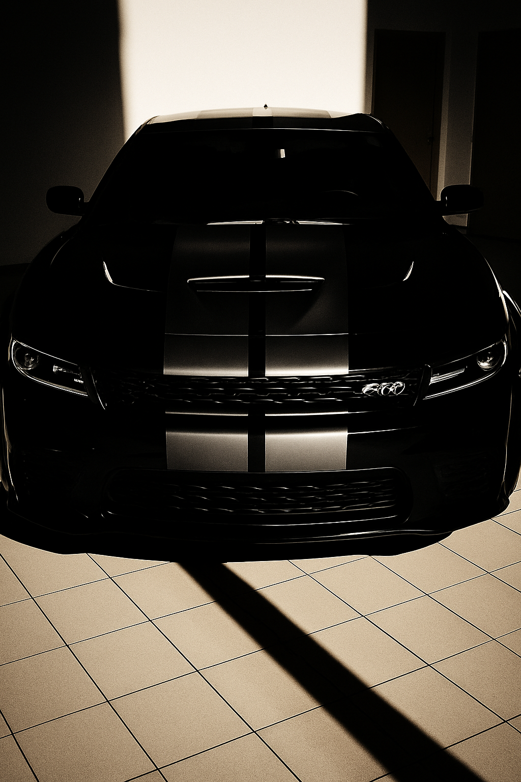Front view of a black sports car with racing stripes parked indoors, with light casting a shadow on the tiled floor.