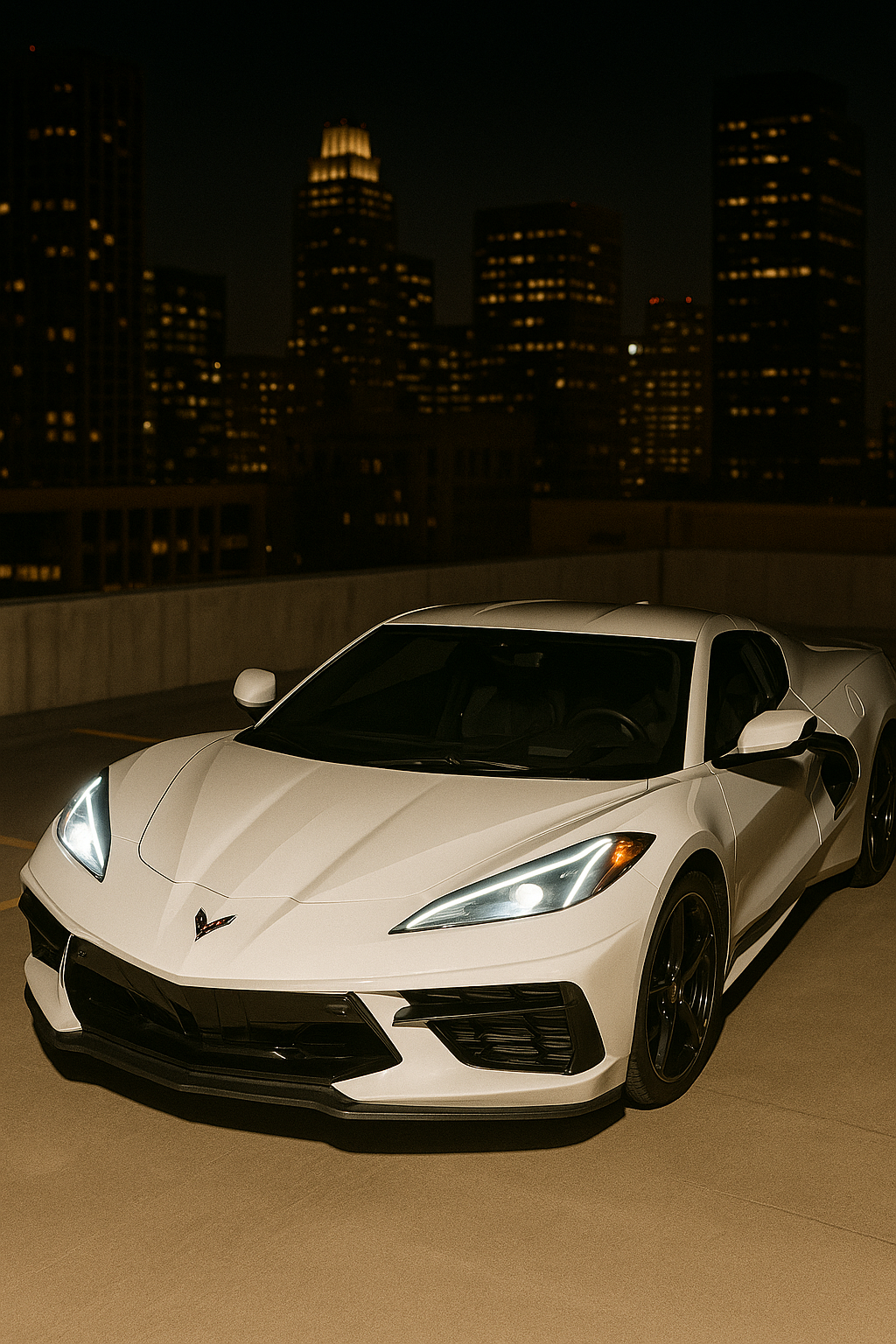 A white Chevrolet Corvette sports car parked on a rooftop parking lot at night with a city skyline and tall buildings with lit windows in the background.