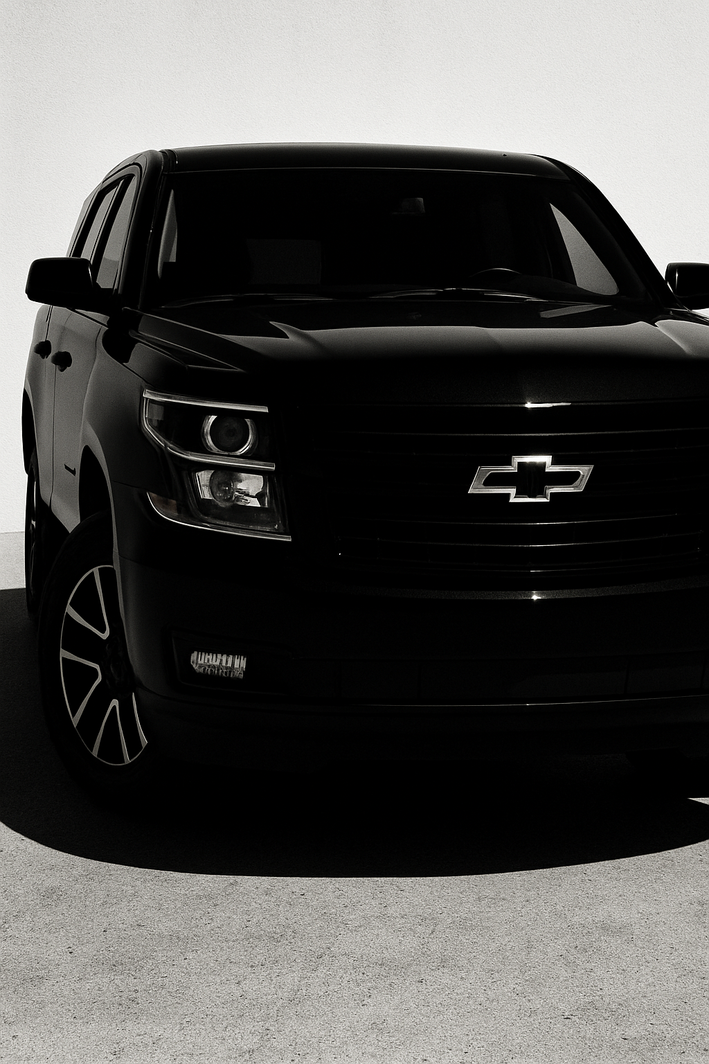 Black Chevrolet SUV parked against a plain, light gray background.