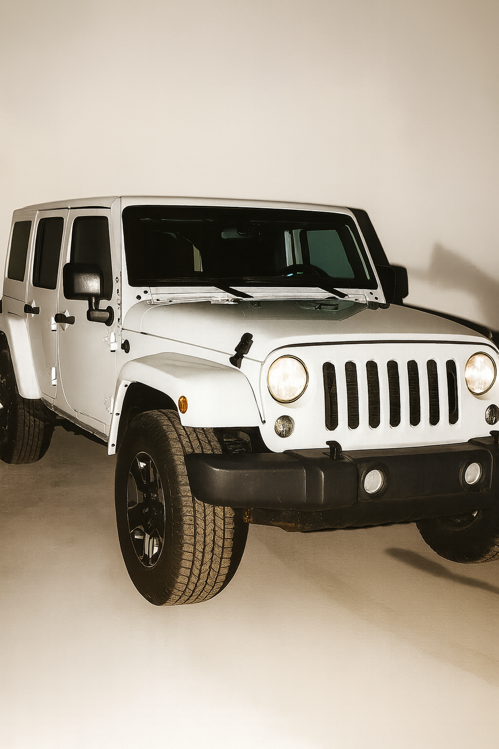 A white Jeep Wrangler parked indoors on a plain background.