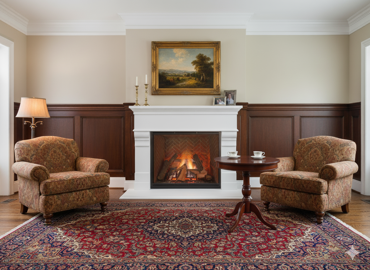 Living room with two patterned armchairs facing each other, a wooden table with two teacups in between, a fireplace with a fire, and a painting above the fireplace.