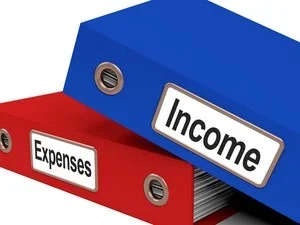 Blue and red binders labeled 'Income' and 'Expenses'