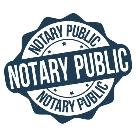 A circular badge with a star in the middle, displaying the words "Notary Public" multiple times around the circle.