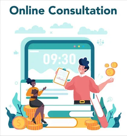 Illustration of two people engaging in online consultation, with a large computer screen displaying 9:30, surrounded by books, leaves, and coins, emphasizing digital financial or service interactions.