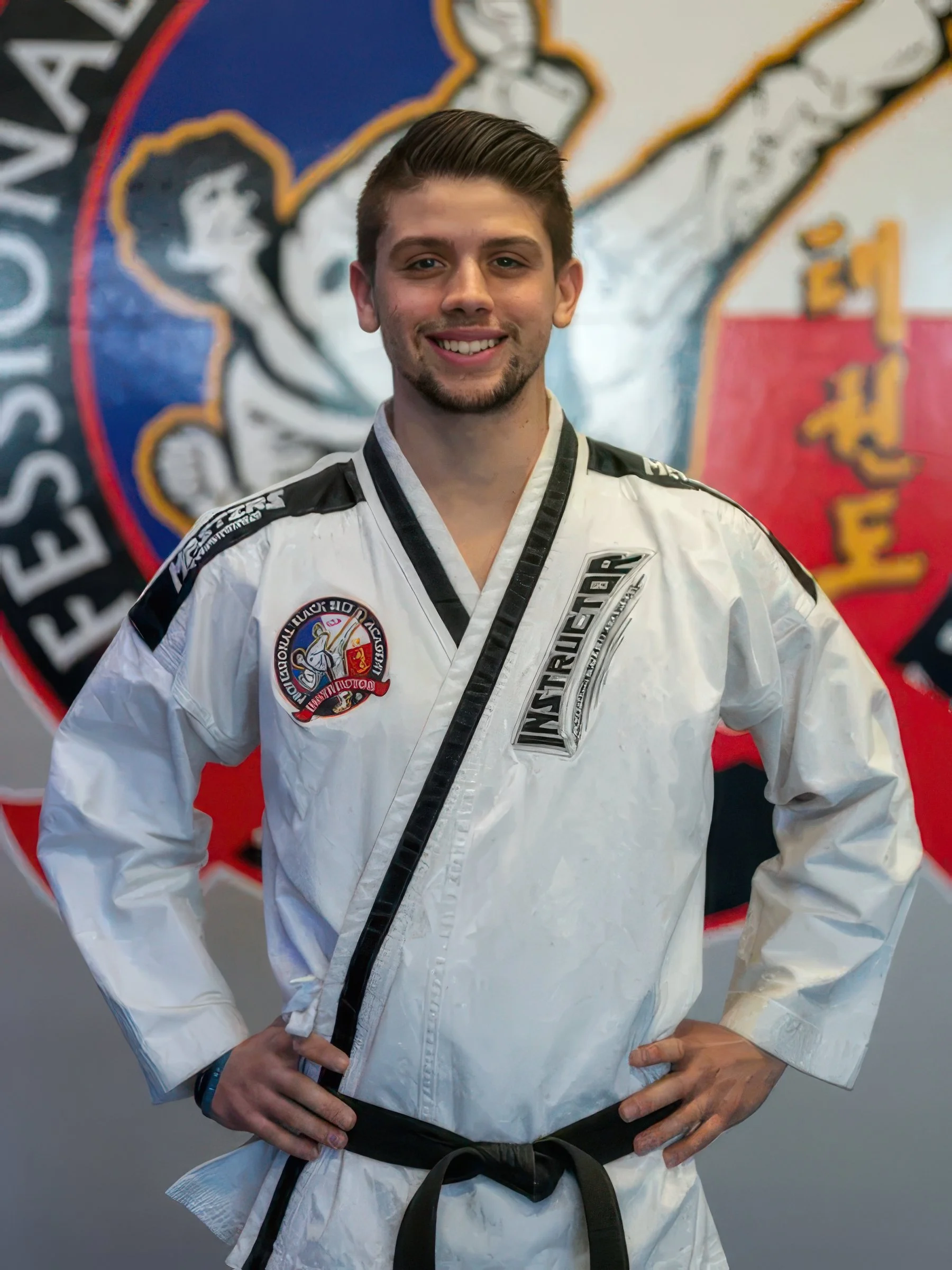 A young man in a white martial arts uniform with patches and a black belt, standing with hands on hips, smiling, in front of a wall with a colorful logo.