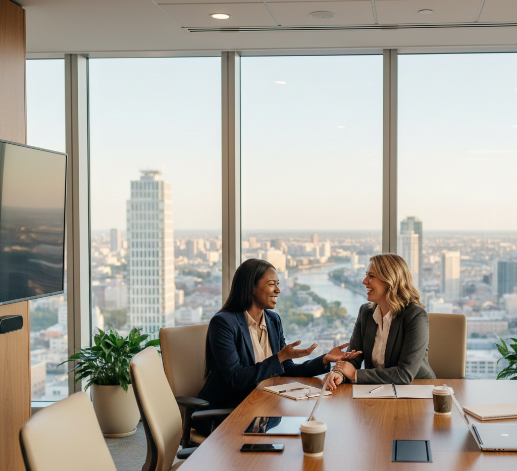 Two women in business attire having a conversation at a conference table in a high-rise office with a city skyline view behind them.