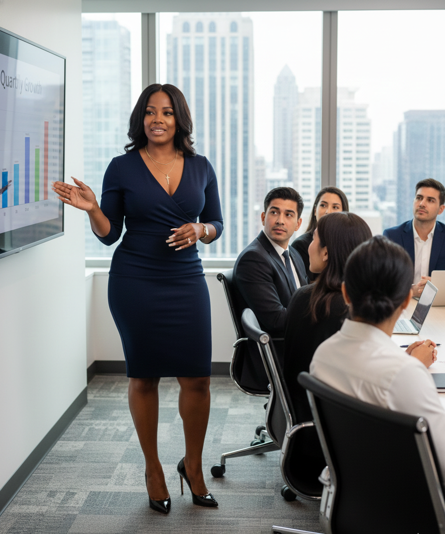 A woman in a navy dress giving a presentation to a group of five people in a modern office with city views, standing next to a large screen displaying a bar graph.