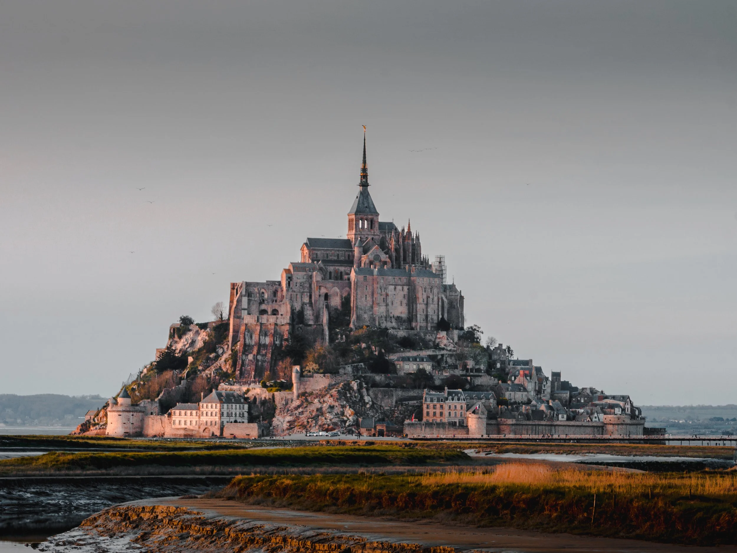 A large historic castle on a rocky hill overlooking the water, with a gray, cloudy sky in the background.