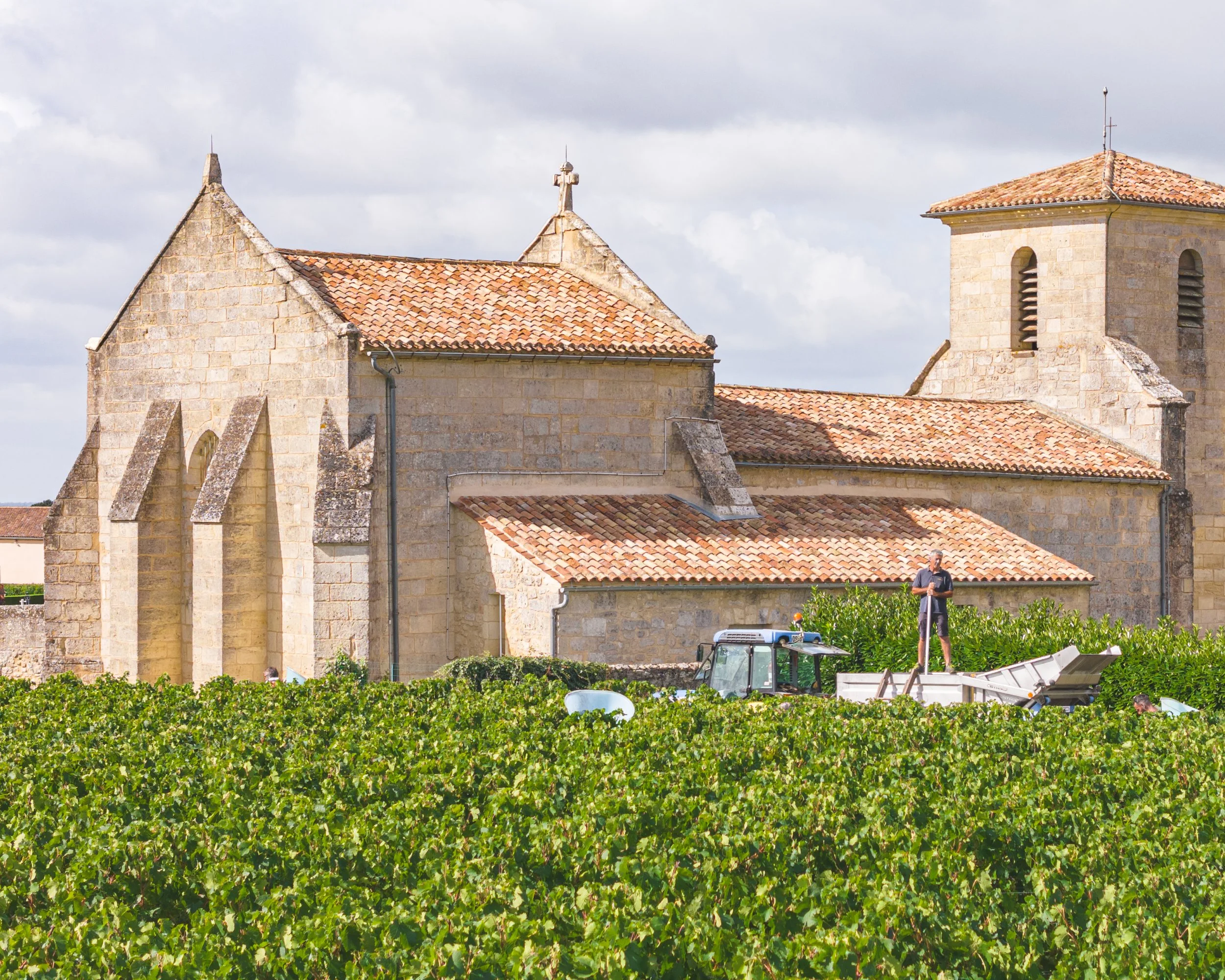 A stone church with a red tile roof, small bell tower, and cross on top, situated in a vineyard with a person working in the foreground.