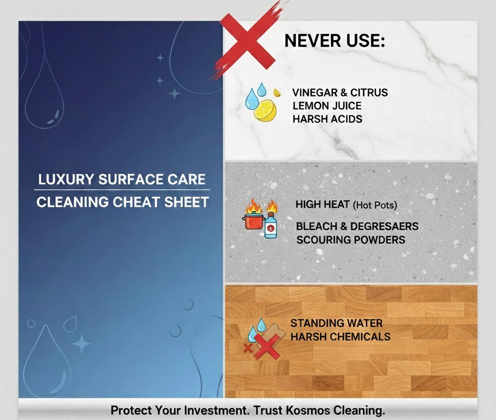 Protecting Luxury Surfaces: How to Safely Clean Quartz, Marble, and Butcher Block