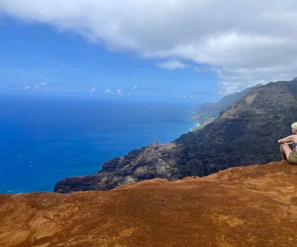 A person sitting on a rocky cliff overlooking an expansive blue ocean and rolling green mountains on a partly cloudy day.