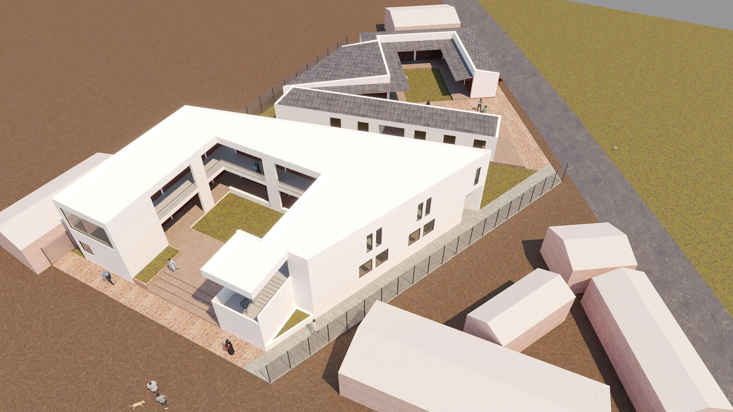 A 3D architectural rendering of a modern, multi-story building with a courtyard and flat green roof sections, surrounded by a fence and paved walkways. There are people walking around the property.