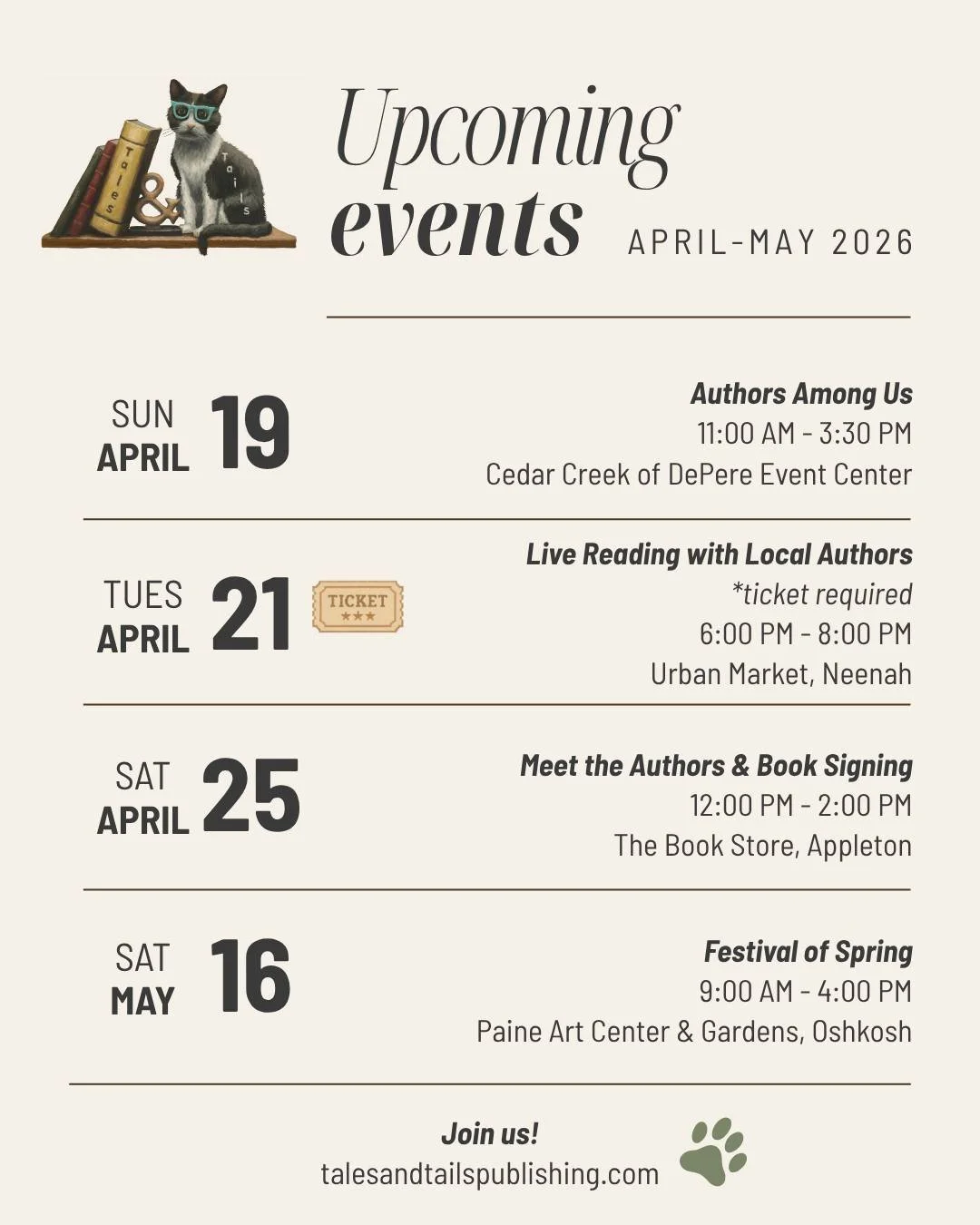 Spring is filling up, and we would love to see you out and about with us! 🌷📚

We&rsquo;ll be visiting some of our favorite local spots this April and May&mdash;sharing Death at the Paper Palace and Ben's artwork🎨 and chatting with fellow book and 