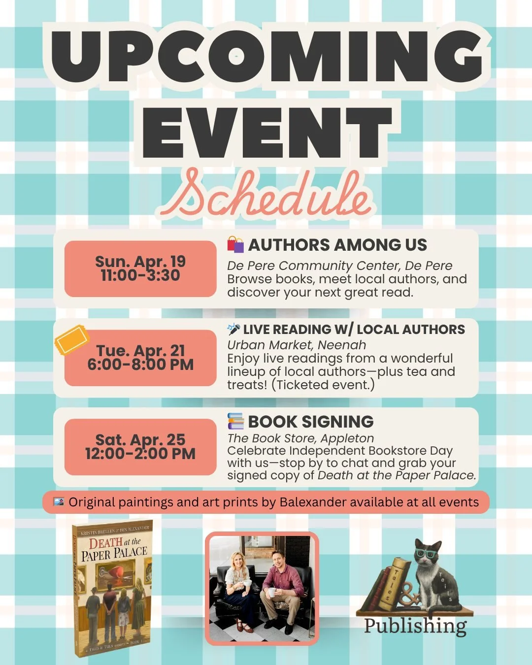 ✨ We have a full week of events ahead, and we would LOVE to see you there! ✨

If you&rsquo;re in the Fox Valley, come say hello, browse books, enjoy a cozy evening of readings, or celebrate Independent Bookstore Day with us&mdash;we&rsquo;ll be bring