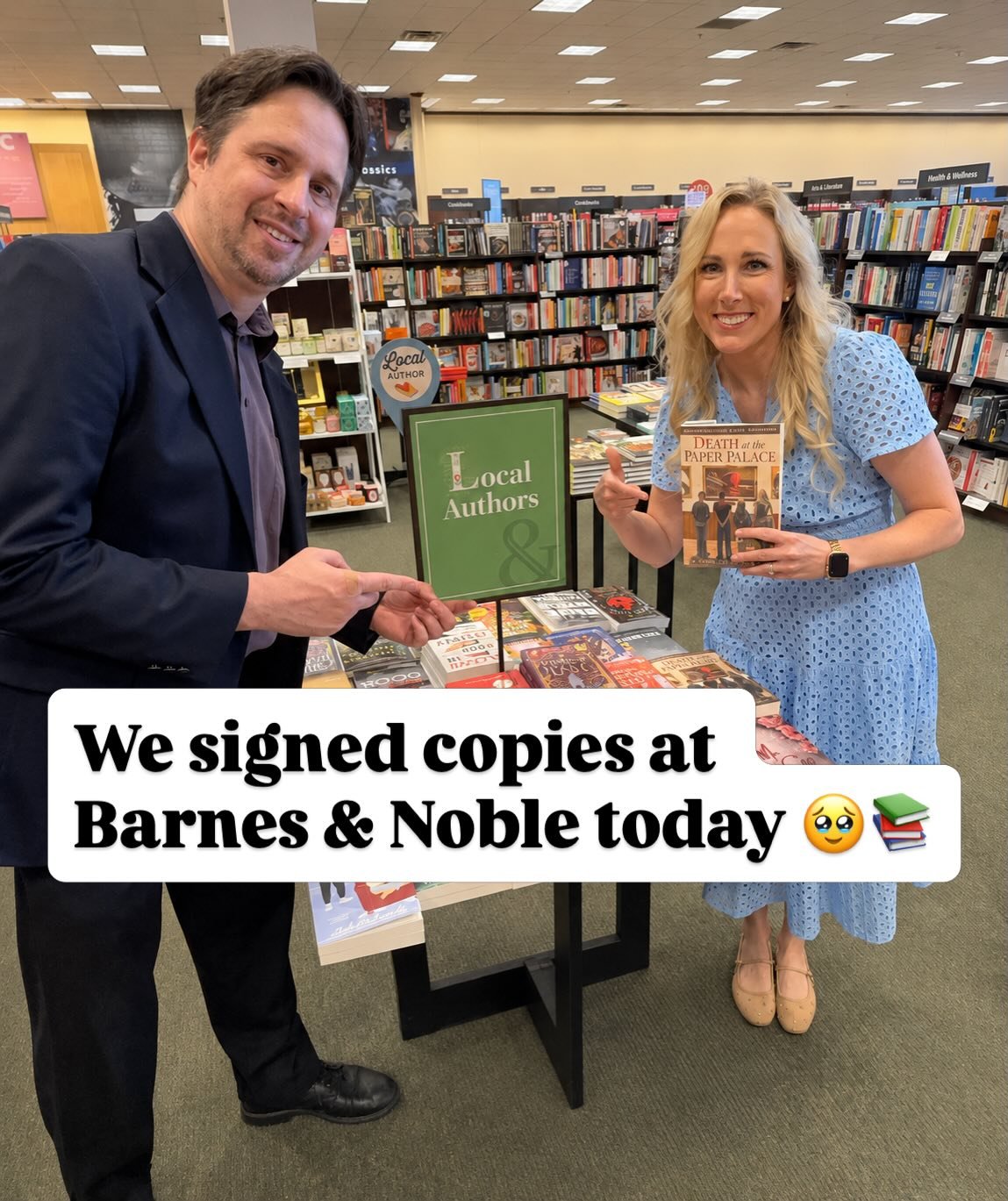 Today we signed copies of Death at the Paper Palace at our local  Barnes &amp; Noble￼, and honestly&hellip; we&rsquo;re still processing it 🥹📚

Seeing our cozy mystery sitting on the table beside so many wonderful books was surreal.

We&rsquo;re es