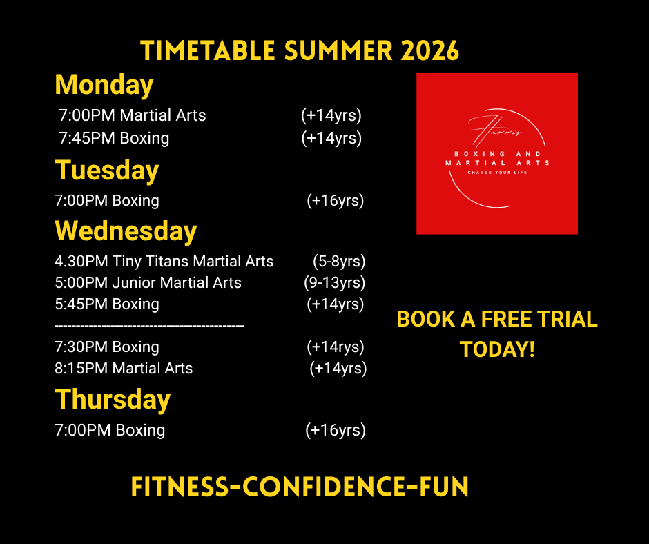 Summer 2026 martial arts and boxing class timetable with schedule from Monday to Thursday, highlighting specific times and age groups. Features yellow and red text on a black background, with a red logo for the boxing and martial arts center and a call to action for free trials.