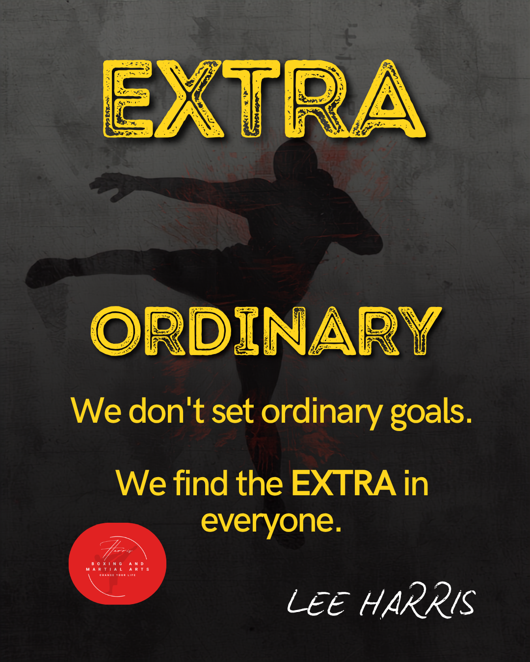 A motivational poster with the words 'Extra Ordinary' in large, yellow, distressed font, and the quote 'We don't set ordinary goals. We find the EXTRA in everyone.' by Lee Harris. The background features a silhouette of a person performing a martial arts kick against a textured, dark gray surface.