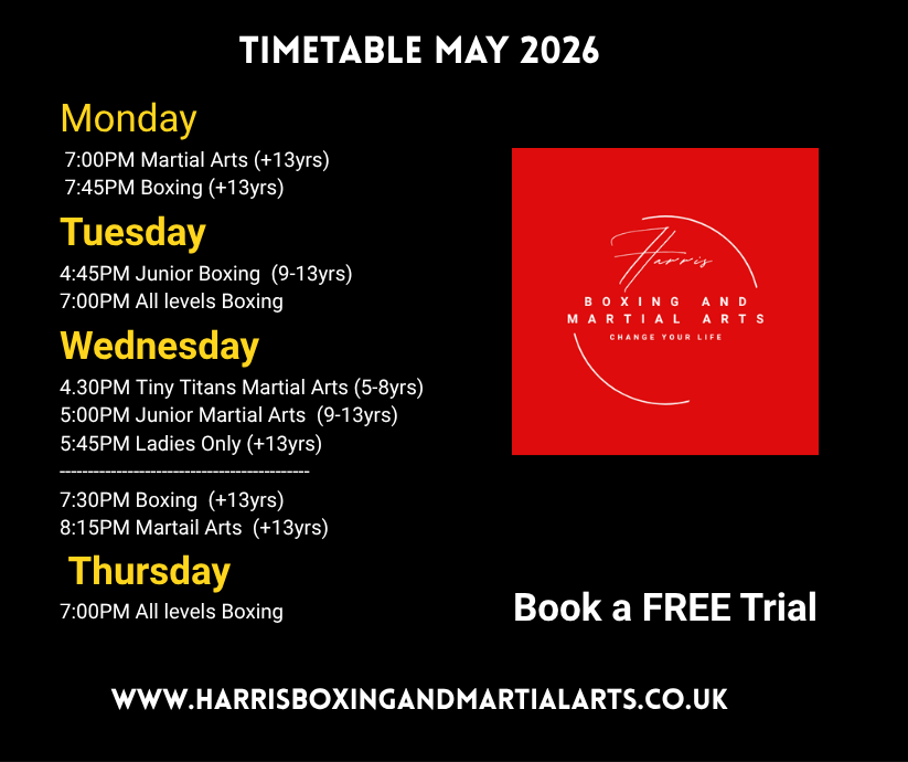 May 2026 boxing and martial arts class schedule with days, times, and age groups, featuring a red logo for Harris Boxing and Martial Arts with the text "Change Your Life."