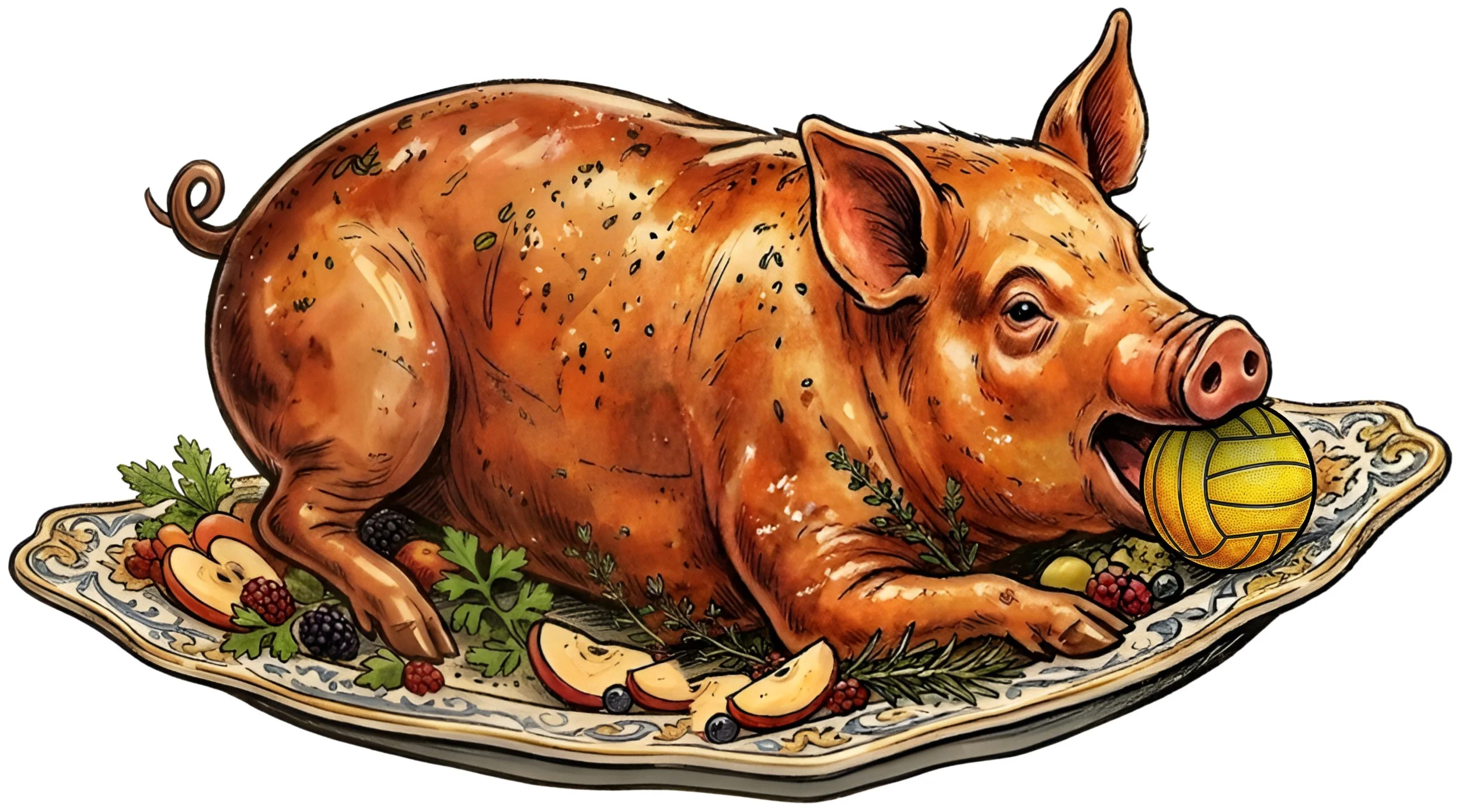pig on a plate with a water polo ball in its mouth