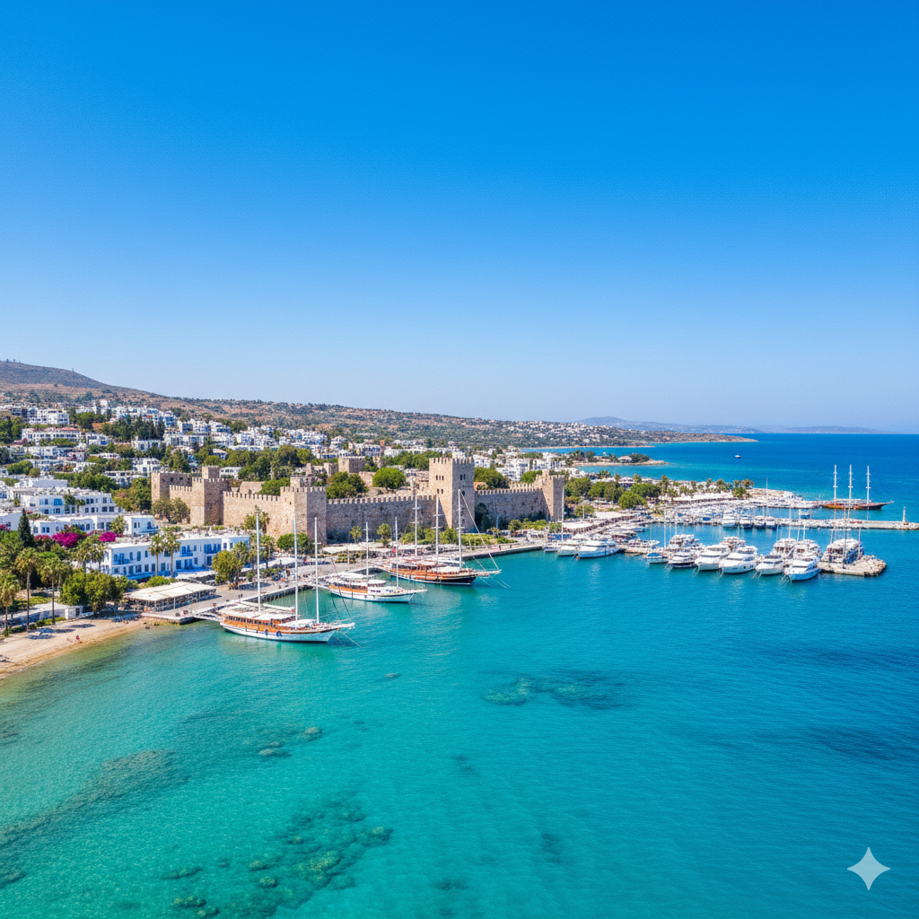 Vue du port avec des bateaux de yacht, un château historique en pierre, bâtiments blancs et une mer turquoise sous un ciel bleu clair.