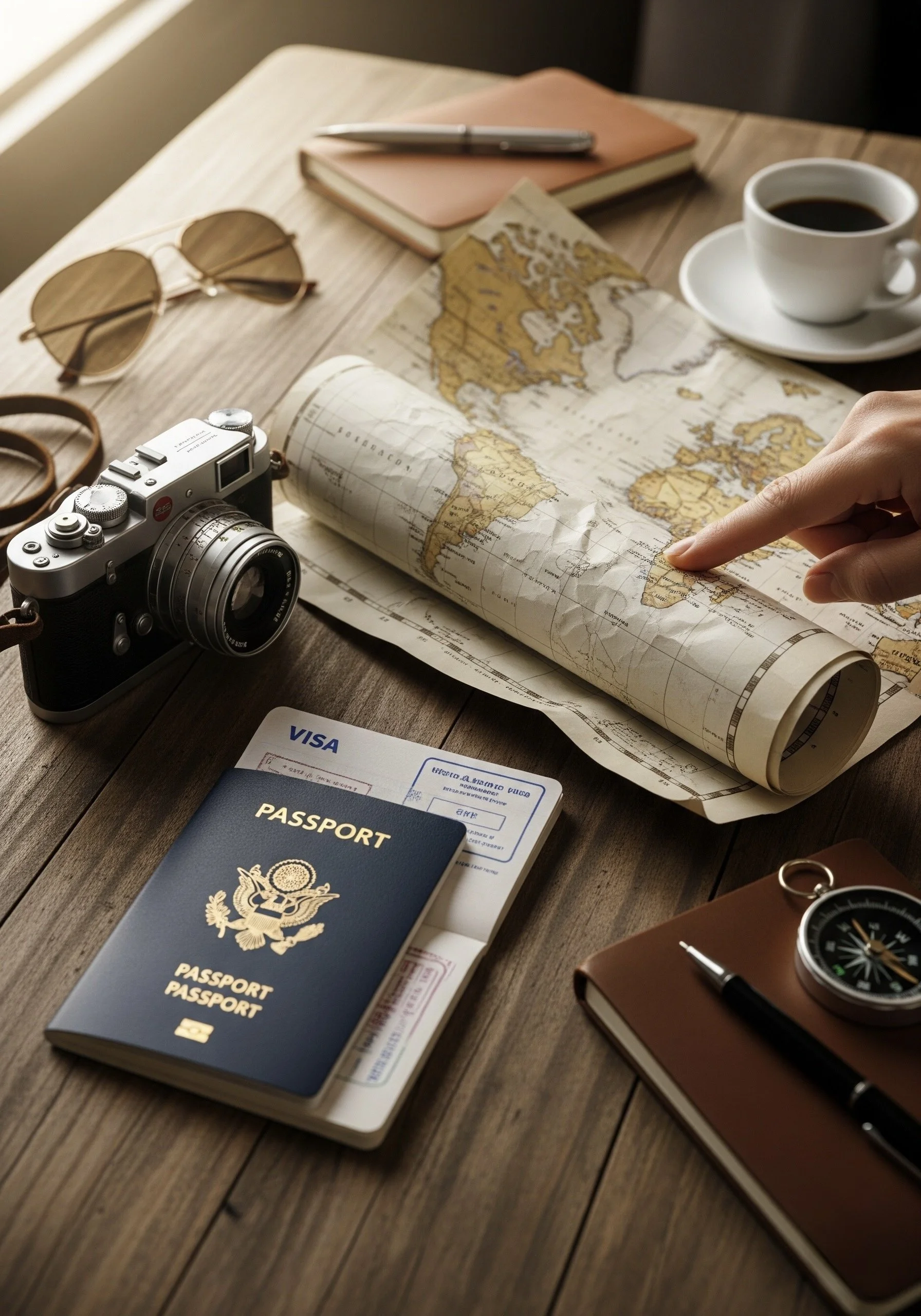 Une table en bois avec une carte du monde déployée, un appareil photo vintage, un passeport, un visa, un carnet de notes rose, une paire de lunettes de soleil, une tasse de café, une boussole, et un stylo.