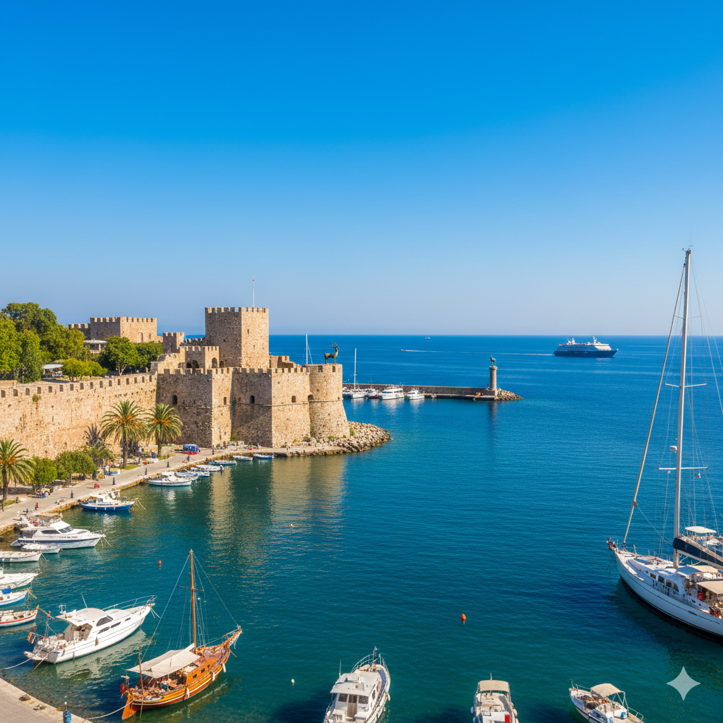 C'est une vue d'une forteresse médiévale en pierre située le long d'une côte avec un port, où sont amarrés plusieurs bateaux, et un grand navire en mer. Le ciel est bleu clair, indiquant une journée ensoleillée.