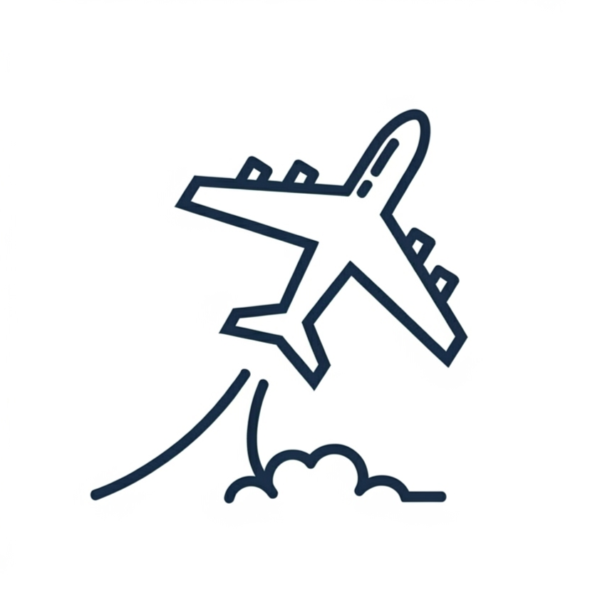 Icône simplifiée d'un avion de ligne en propulsant dans les airs.
