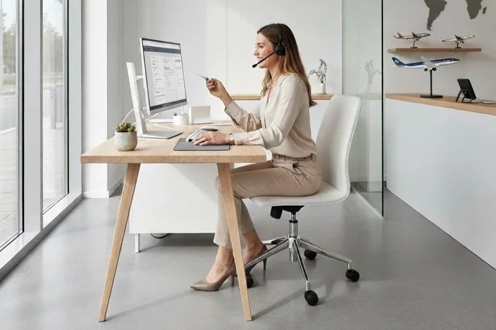 Femme au bureau avec casque, travaillant sur un ordinateur, dans un espace moderne avec décor de modèles d'avions sur une étagère.