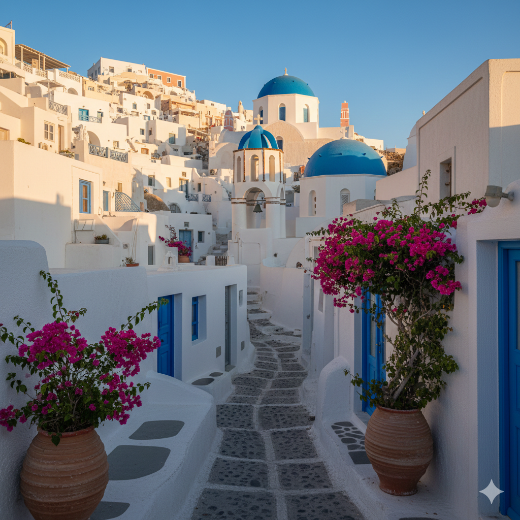 Villas blanches avec portes et fenêtres bleues, ruelle pavée, fleurs de bougainvillée roses, dômes bleus typiques de Santorin, Grèce, en plein jour
