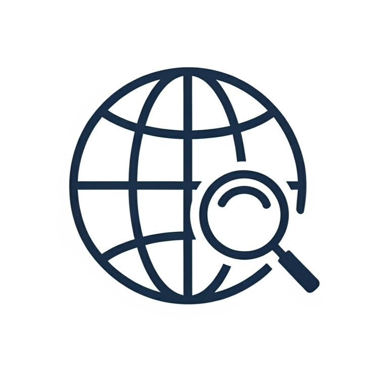Icône d'une planète Terre stylisée avec une loupe représentant la recherche ou la consultation sur Internet.