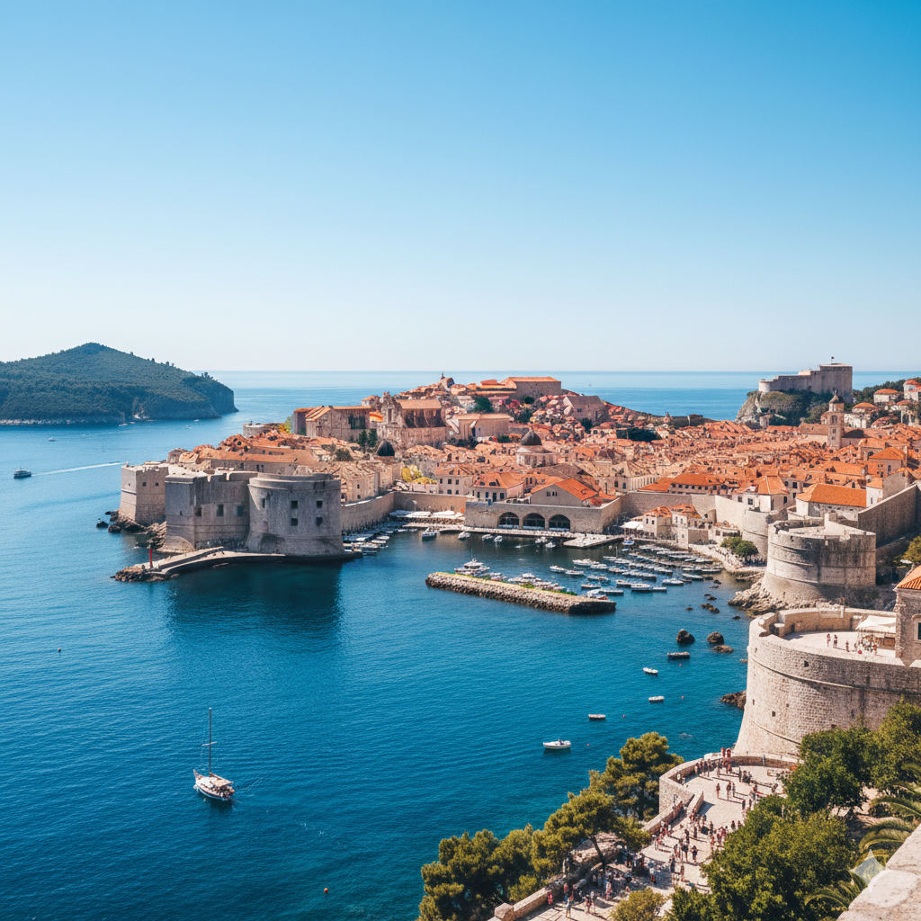 Vue aérienne de Dubrovnik avec ses remparts historiques, ses bâtiments en toits en terre cuite, et la mer Bleue Adriatique.