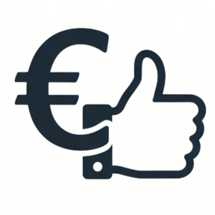 Icône représentant une main donnant un pouce levé avec un symbole d'euro et une barre, évoquant la finance ou les investissements positifs.