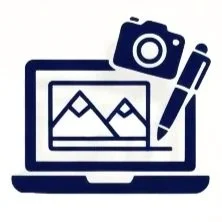 Icône d'un ordinateur portable affichant une image avec des montagnes, une caméra et un stylo.