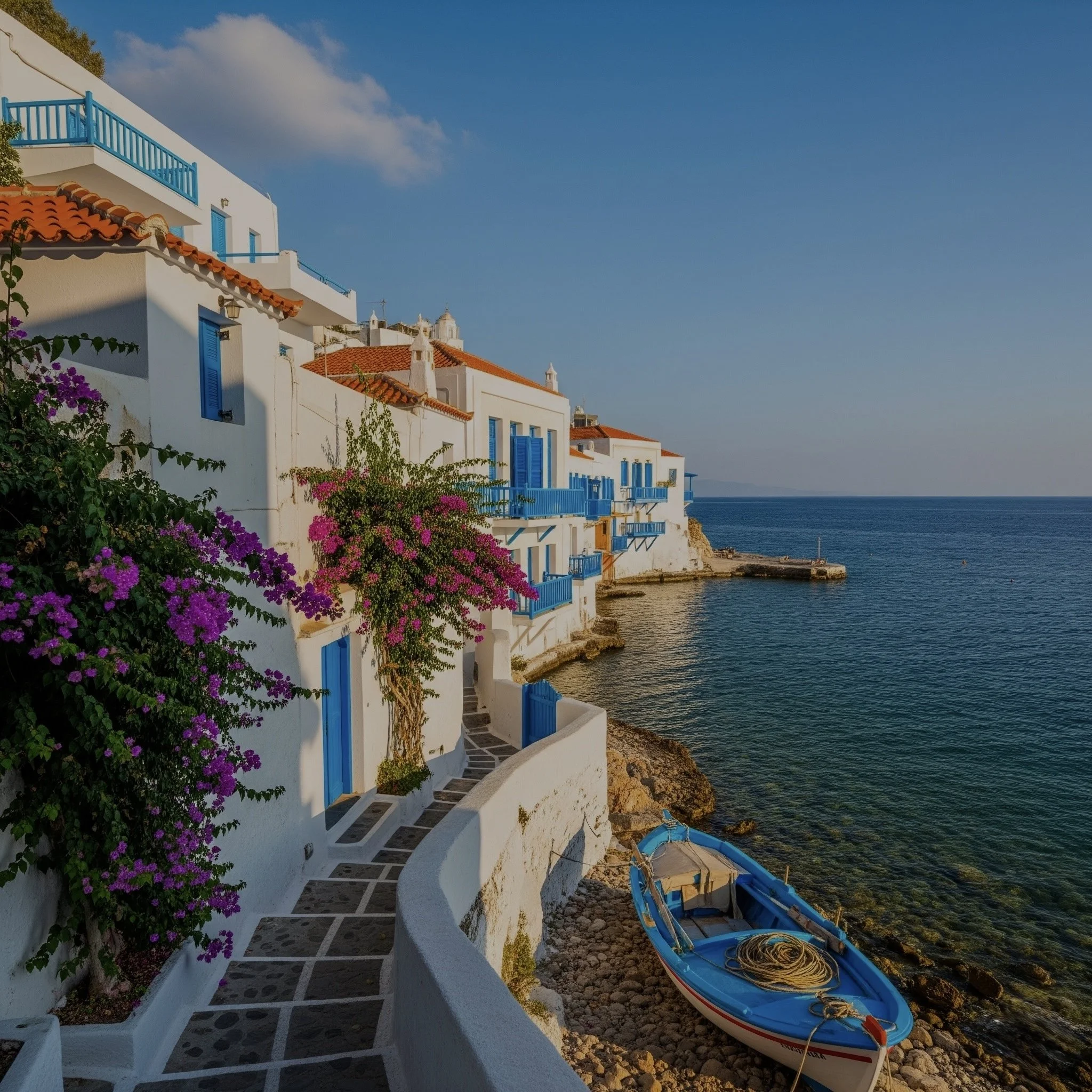 Maisons blanches avec accents bleus bordant la côte méditerranéenne, avec un bateau de pêche ancré sur la plage et des fleurs colorées. Ciel clair.