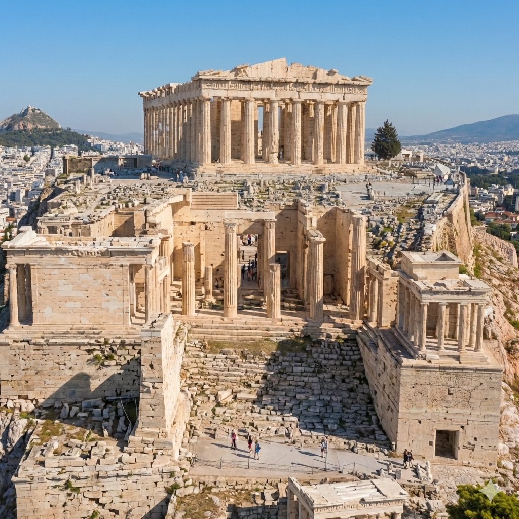 Ruines du Colisée et de l'Acropole d'Athènes avec un temple antique en ruines sur une colline.