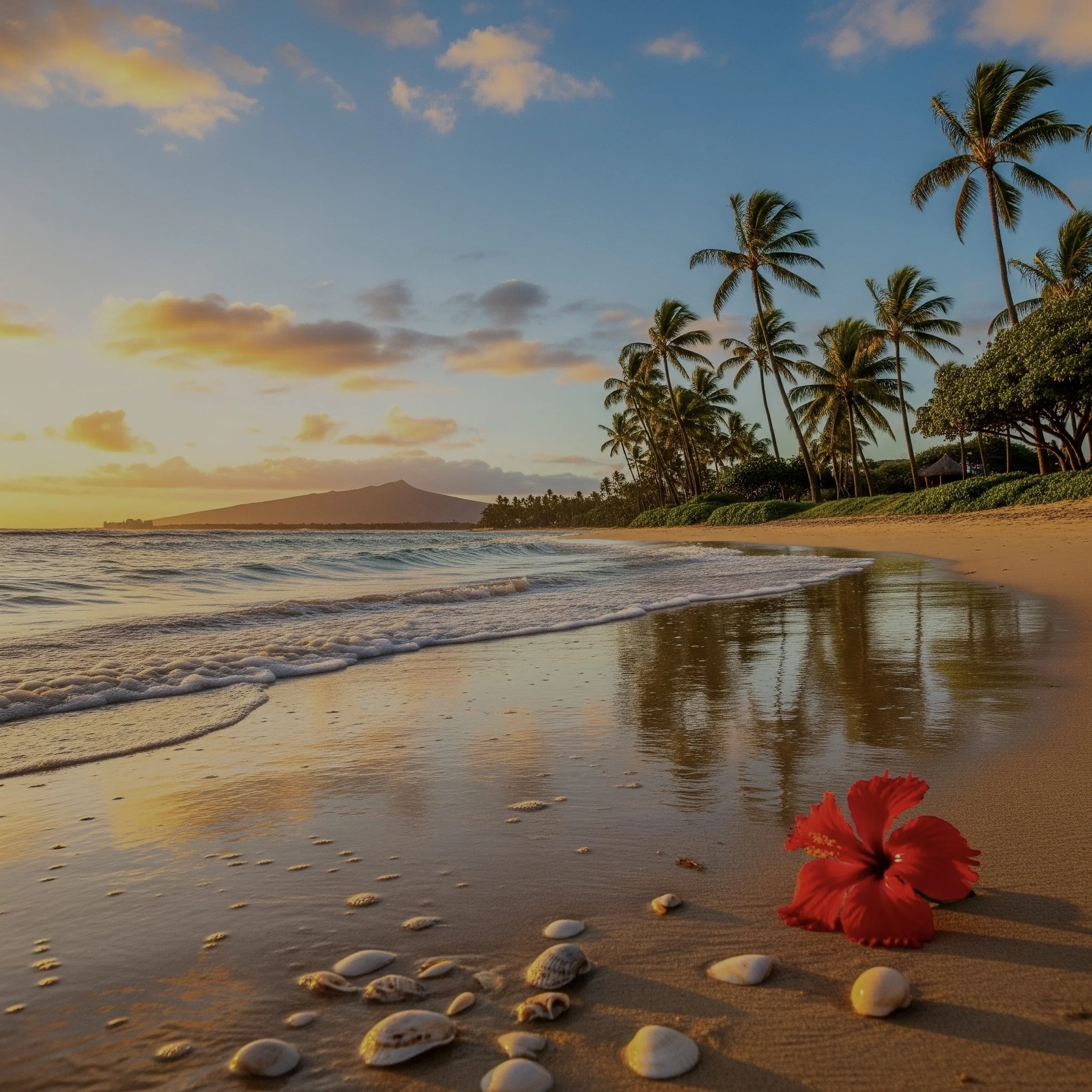 Une plage au coucher du soleil avec des palmiers et des coquillages sur le sable, un nuage orange dans le ciel et une montagne en arrière-plan.
