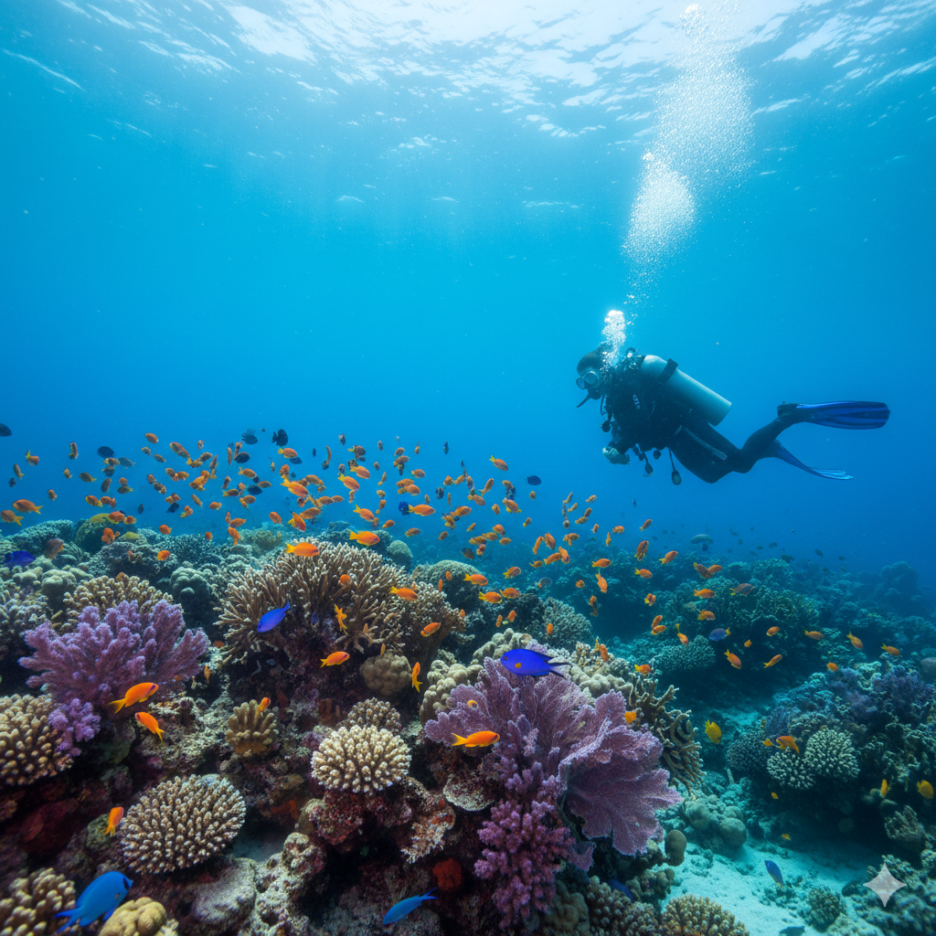 Plongée sous-marine dans un récif corallien coloré avec un plongeur et de nombreux poissons