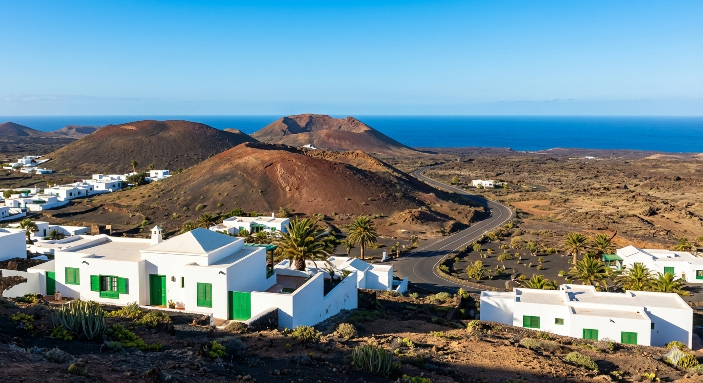 Villas blanches avec volets verts dans un paysage désertique volcanique avec des montagnes, palmiers, et vue sur la mer en arrière-plan.