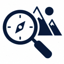 Une loupe examinant une montagne et un soleil, représentant l'exploration ou la recherche en plein air.