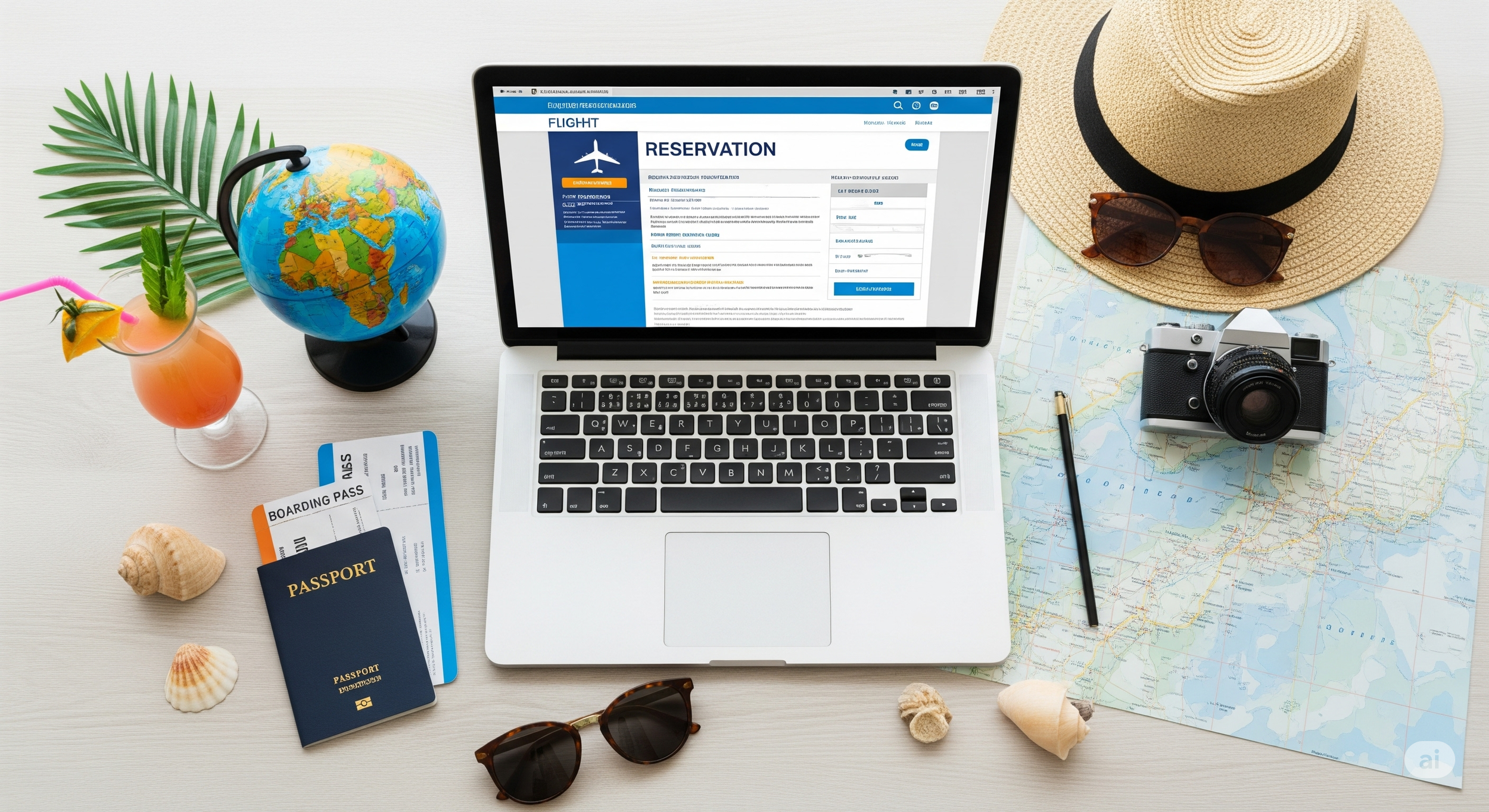 Préparatifs pour un voyage avec un ordinateur portable affichant une réservation de vol, une carte, un passeport, des billets d'embarquement, des lunettes de soleil, un chapeau, un appareil photo, des coquillages, un cocktail avec une paille, un globe terrestre, et des feuilles de palmier