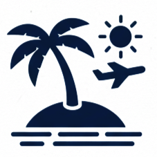 Une île avec un palmier, un soleil et un avion dans le ciel.