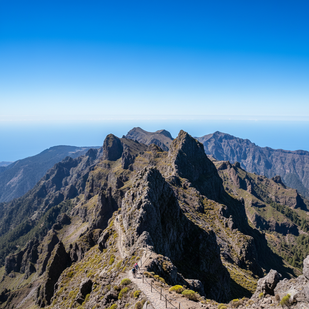 Randonneurs marchant sur un sentier de montagne rocheuse avec des sommets escarpés et le ciel bleu en arrière-plan.