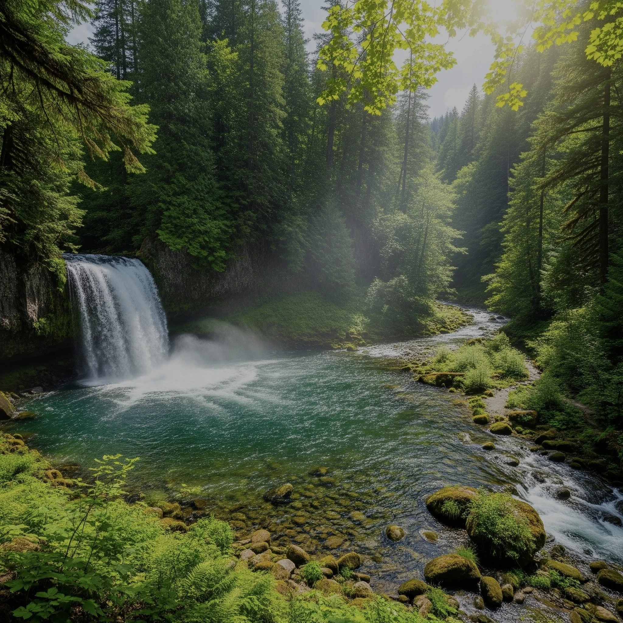 Cascade d'eau dans une forêt verte dense, avec un ruisseau et des rochers recouverts de mousse.