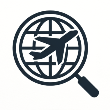 Icône d'un avion sur une carte vue à travers une loupe.