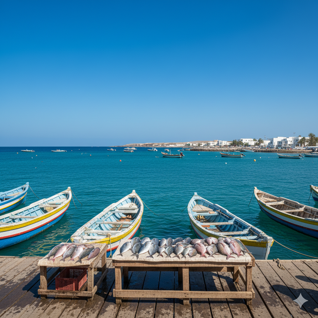 Bateaux de pêche en bois colorés amarrés au quai avec poissons frais exposés, vue sur la mer et le port avec bâtiments blancs et sky bleu clair.