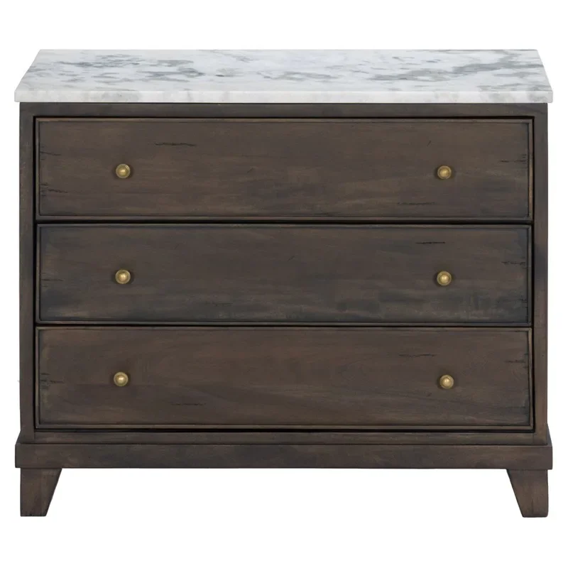 Marion Updated Traditional White Marble Brown Reclaimed Wood Wide Nightstand