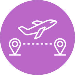 Icon of an airplane flying between two location markers on a purple background.