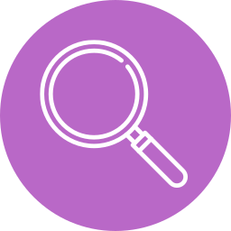 Magnifying glass icon with a purple background.