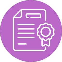 Icon of a document with a ribbon or award seal, indicating certification or achievement, on a purple background.